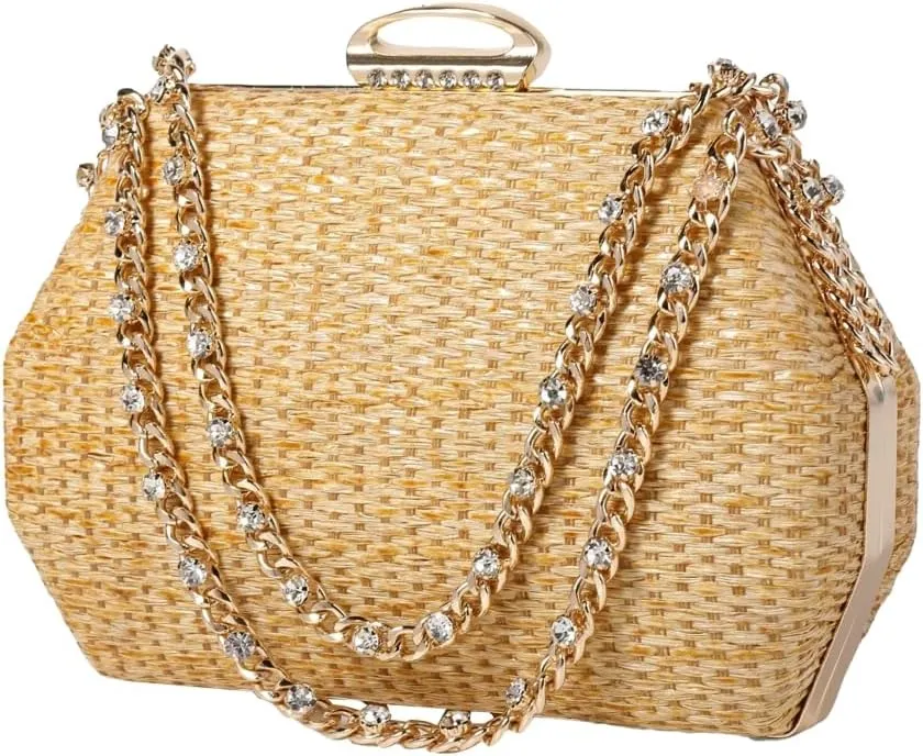 Retro Straw Woven Evening Bag Glitter Clutch Purses for Women Dress Prom Crossbody Handbag Shoulder Clutches