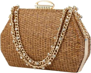 Retro Straw Woven Evening Bag Glitter Clutch Purses for Women Dress Prom Crossbody Handbag Shoulder Clutches