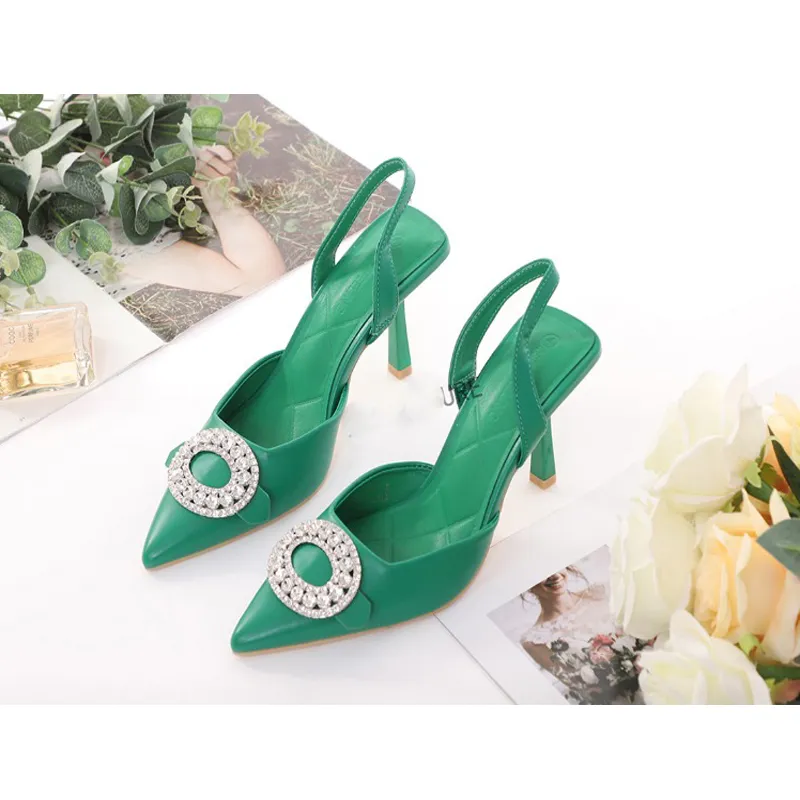 Rounded Rhinestone Short Heel Sandals