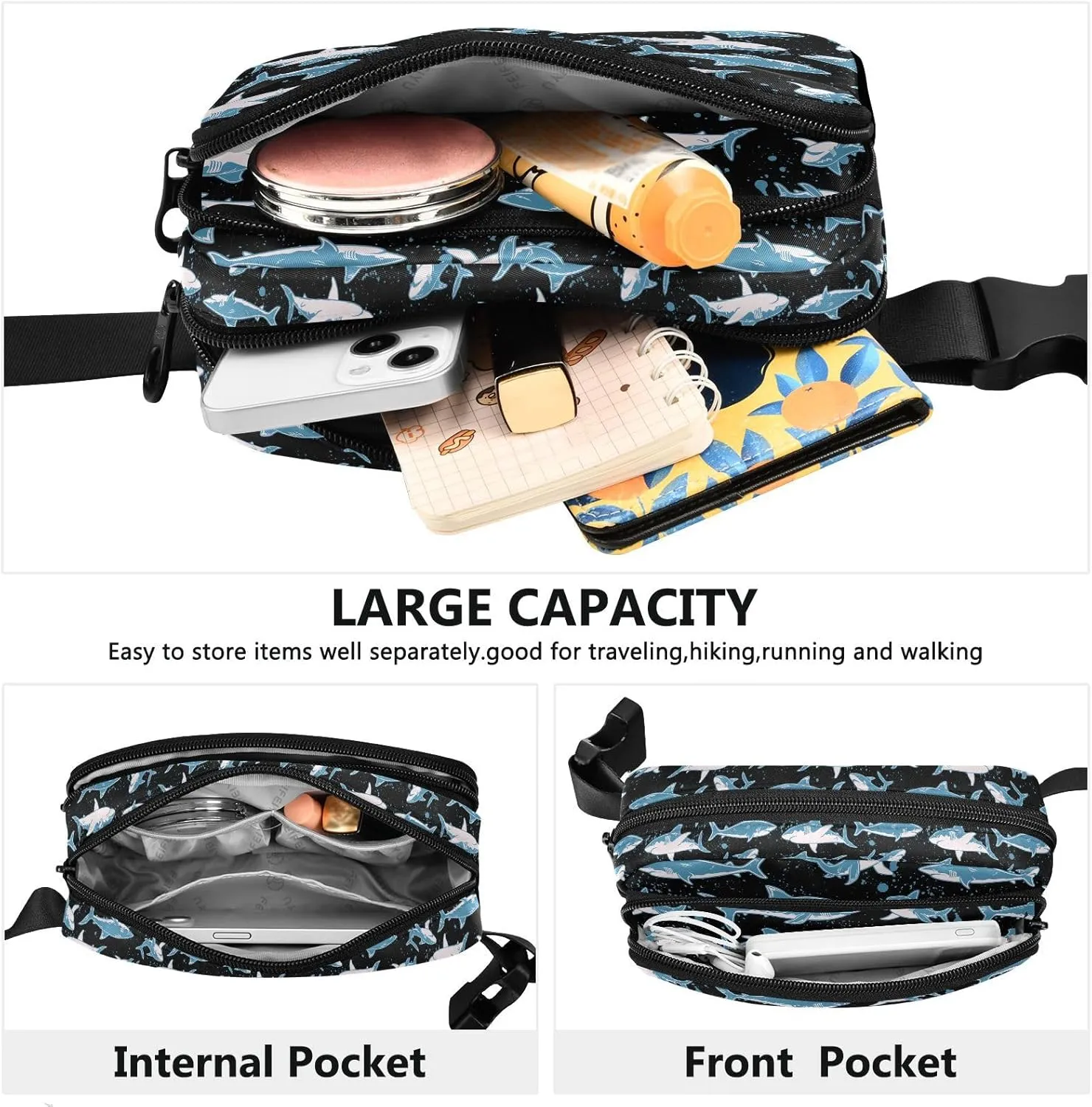Shark Fanny Pack for Women Belt Bag Lightweight Crossbody Bags Waterproof Waist Pouch for Traveling Walking Running Hiking Cycling