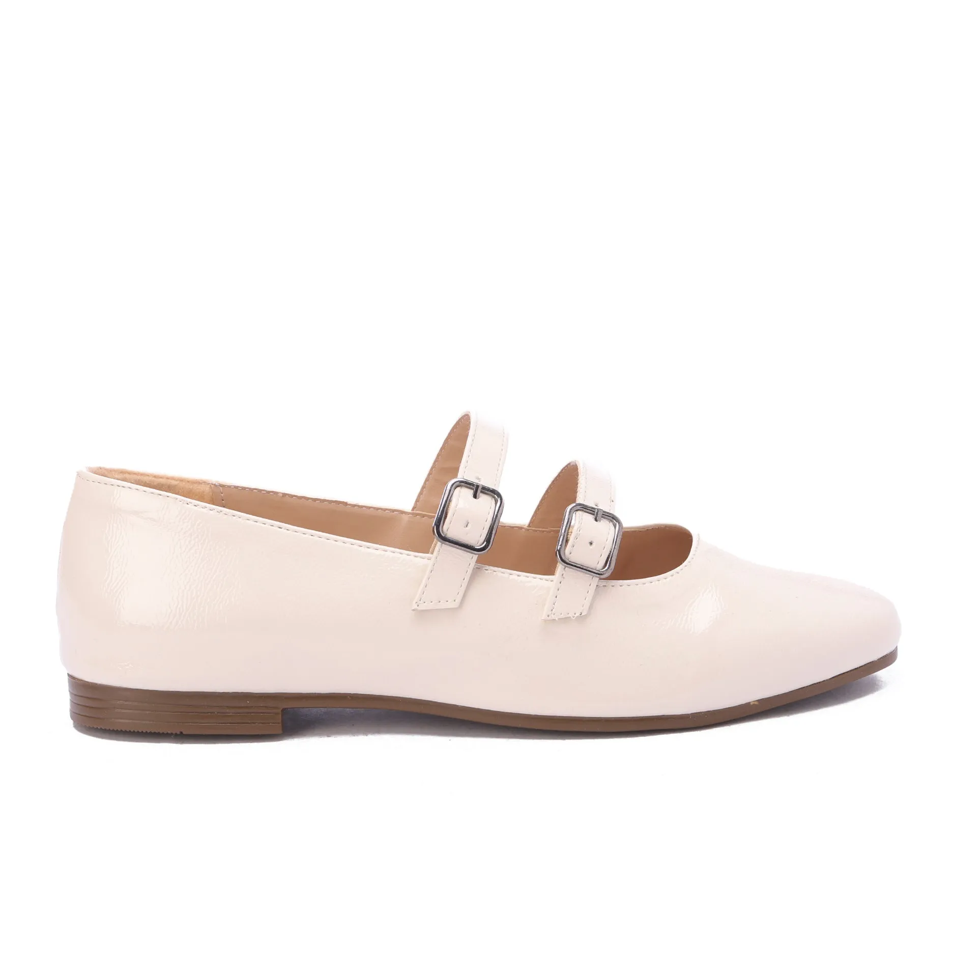 Shiny Double Strap Shoes-Beige