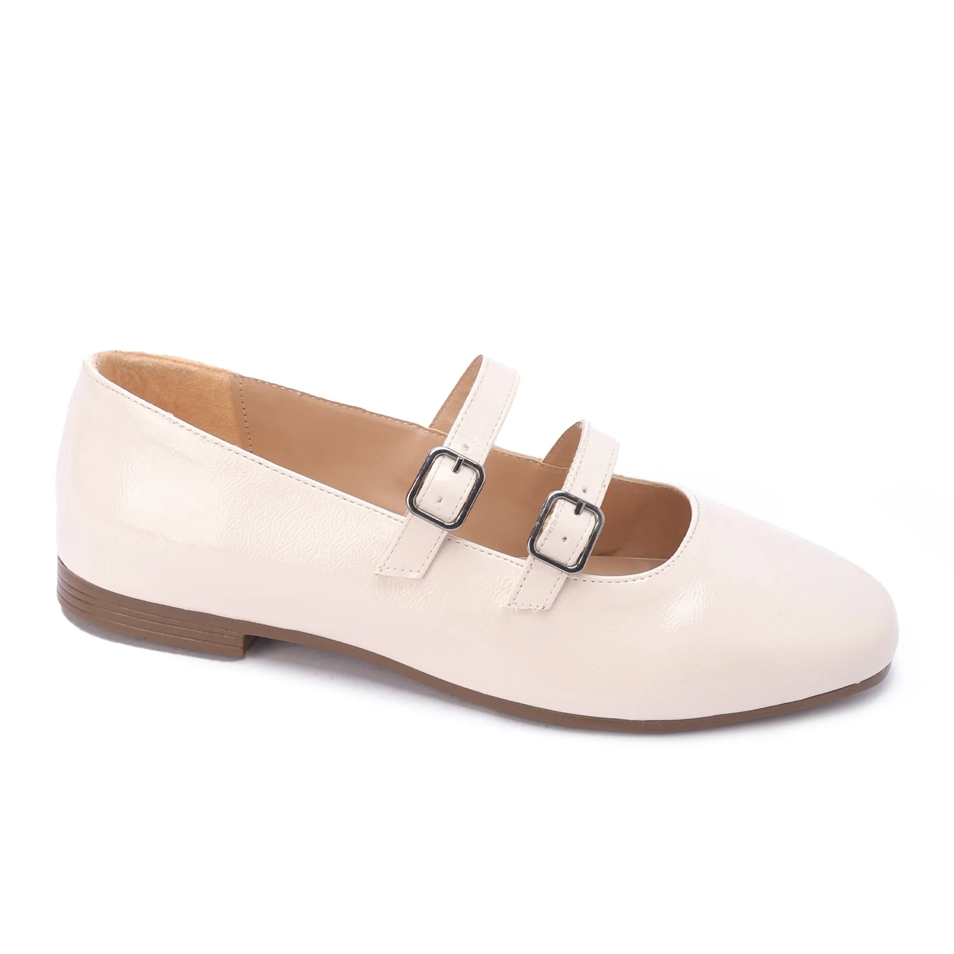 Shiny Double Strap Shoes-Beige