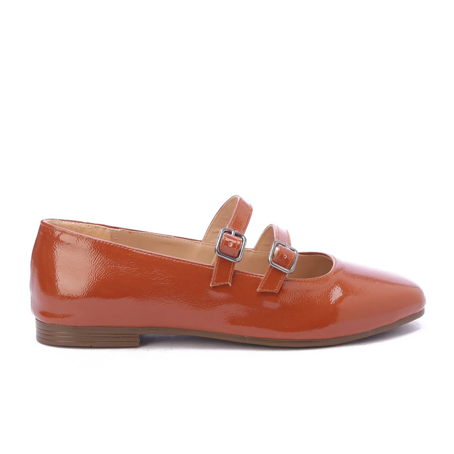 Shiny Double Strap Shoes-Camel