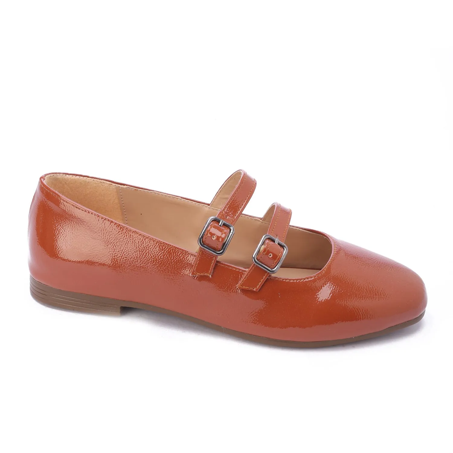 Shiny Double Strap Shoes-Camel