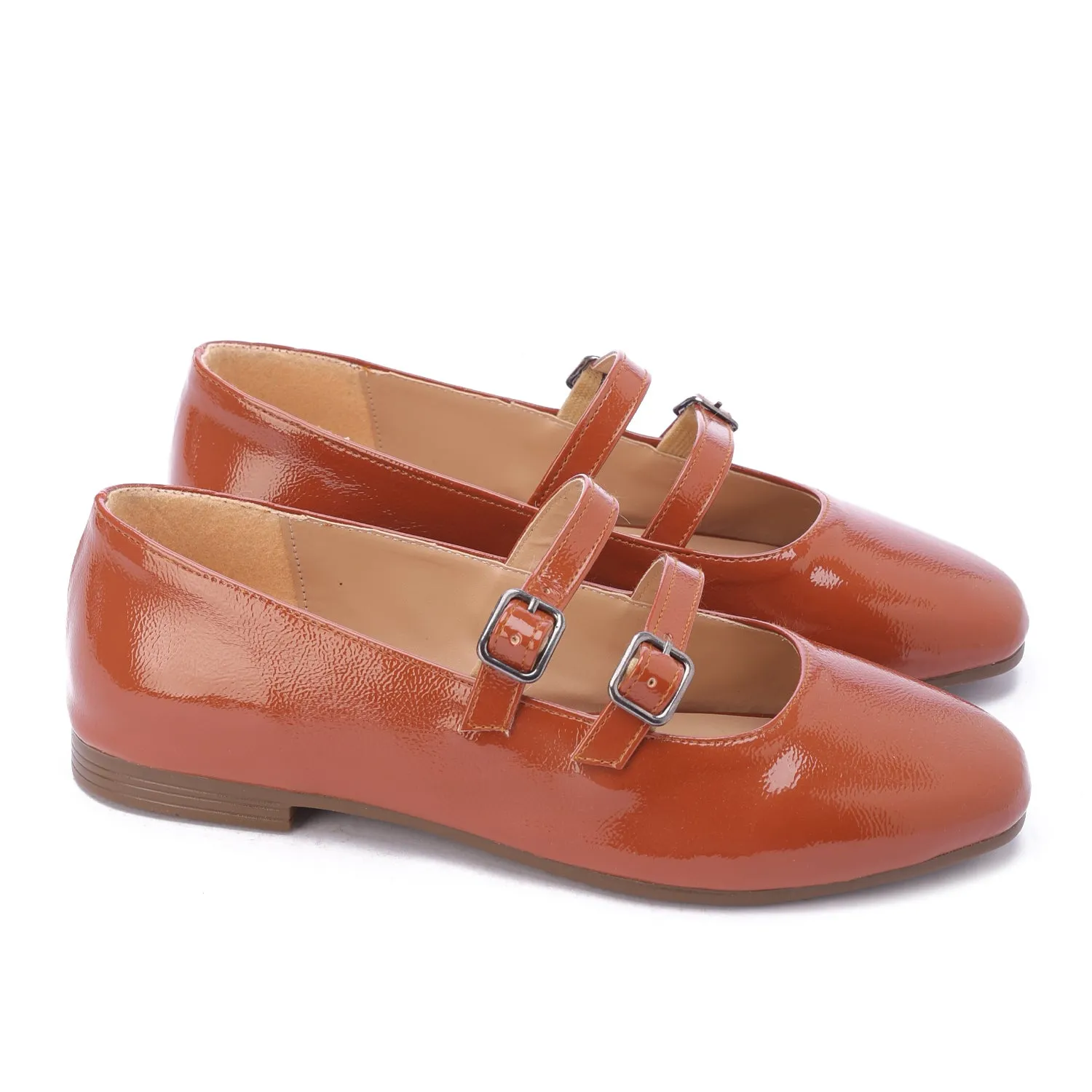 Shiny Double Strap Shoes-Camel