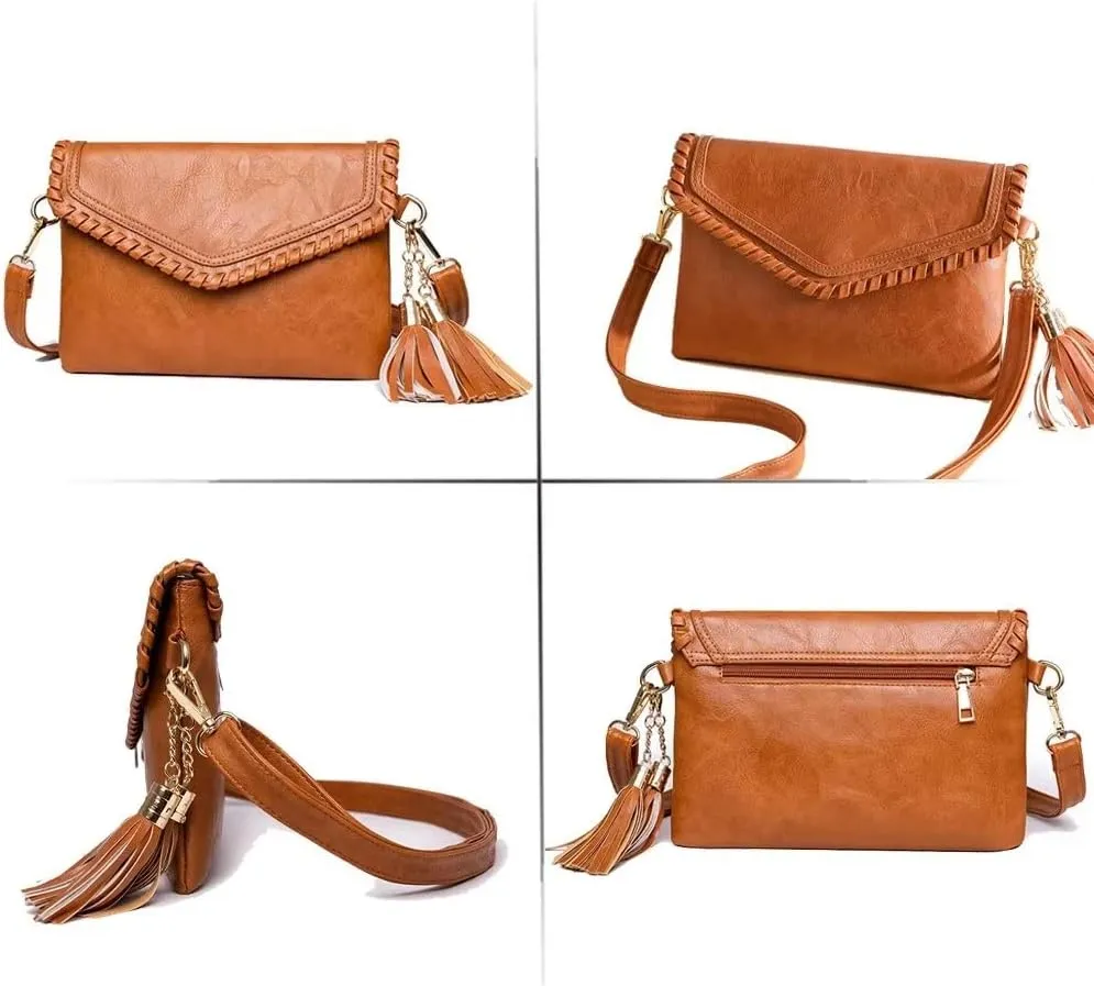 Shoulder Bag for Women PU Leather Envelope Clutch Purse Roomy Crossbody Bag Vintage Designer Satchel with Tassel