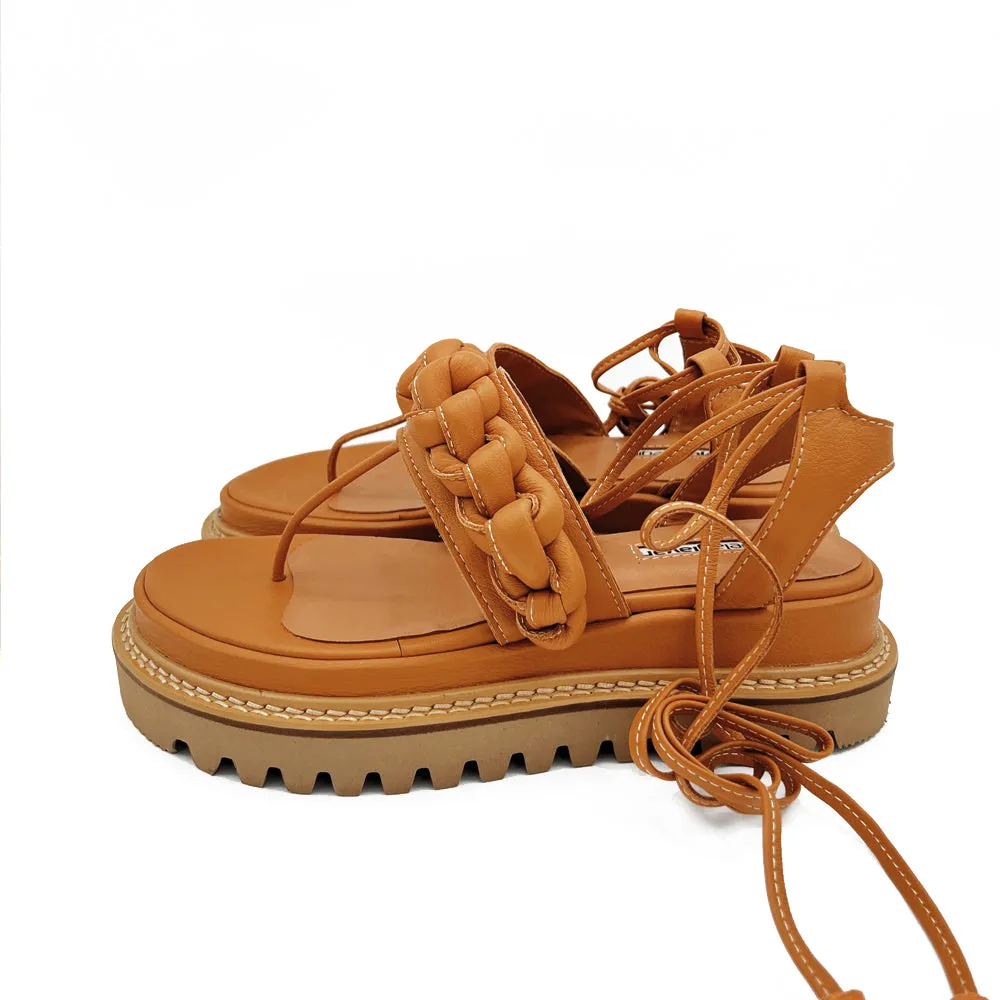 SHR T-strappy Braided camel leather sandals