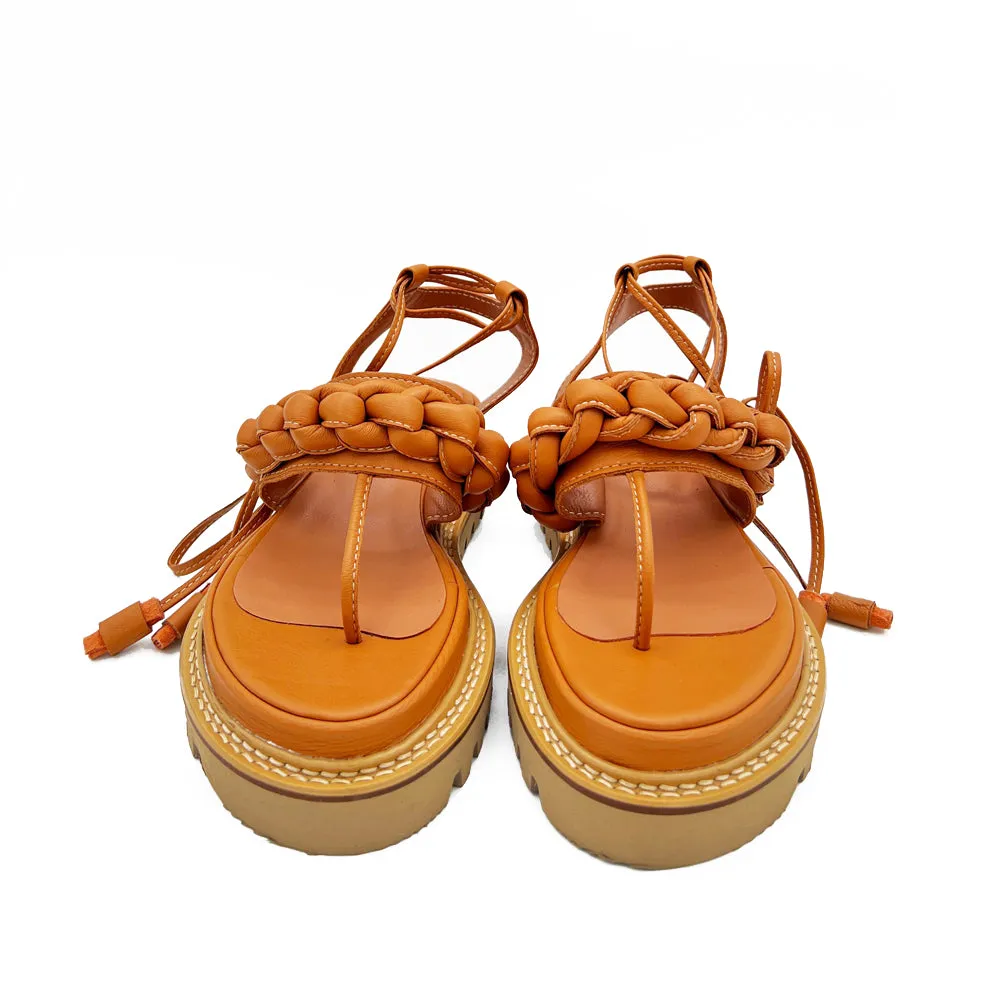 SHR T-strappy Braided camel leather sandals