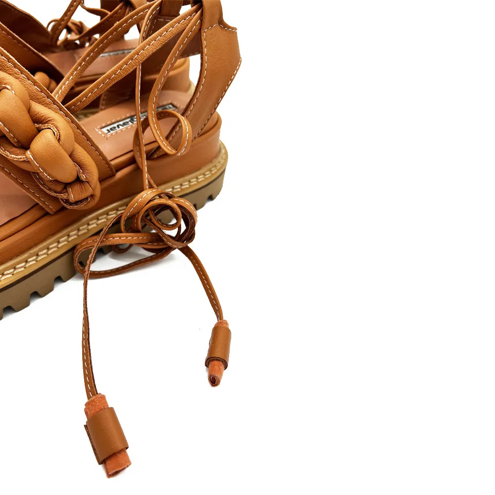 SHR T-strappy Braided camel leather sandals