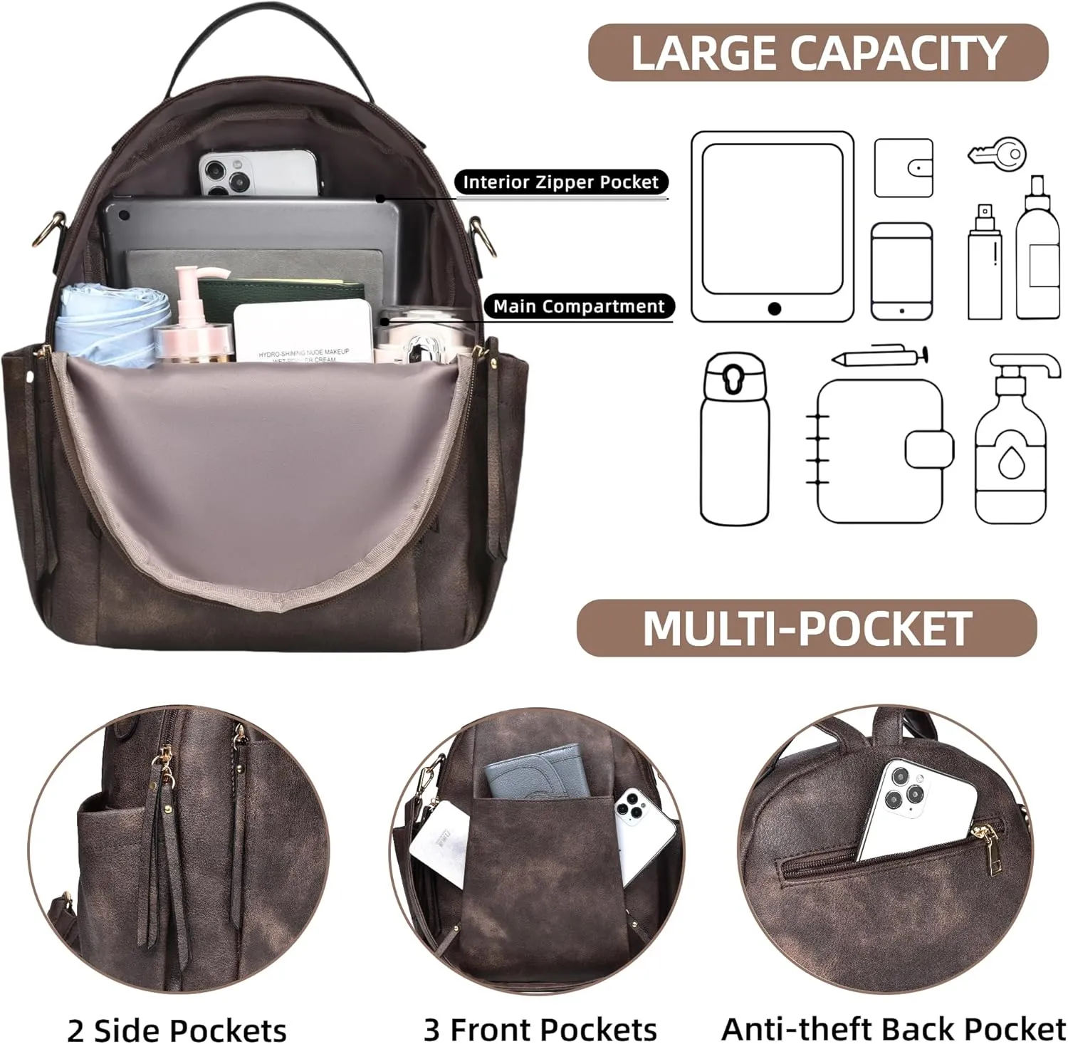 Small Backpack for Women Designer Leather Mini Backpack Purse Ladies Fashion Roomy Shoulder Handbag (Coffe)