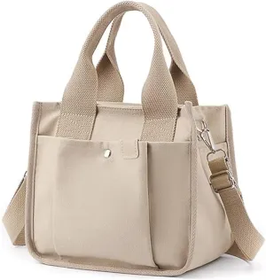 Small Canvas Tote Bag with Zipper, Canvas Multi-Pocket Crossbody Bag Purse Top Handle Satchel Handbags