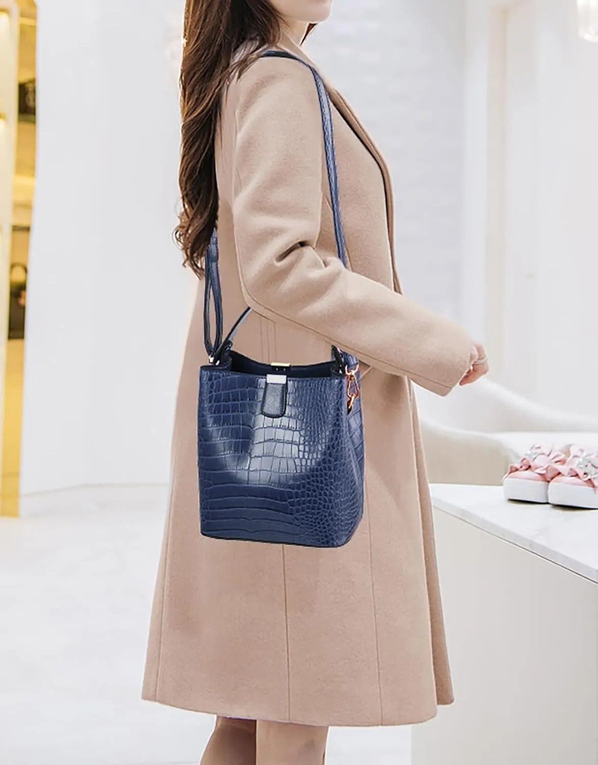 Small Square Crocodile Pattern Purses with Crossbody Strap Bucket Bags for Women with Top Handle