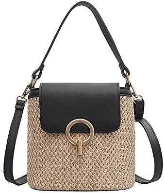 Small Straw Bucket Bags for Women Bags Lady Travel Purses and Handbags Female Shoulder Simple Bag Black