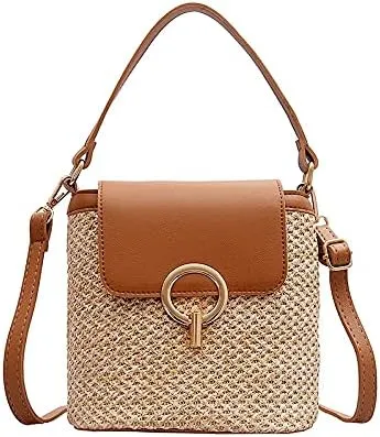 Small Straw Bucket Bags for Women Bags Lady Travel Purses and Handbags Female Shoulder Simple Bag Black