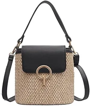 Small Straw Bucket Bags for Women Bags Lady Travel Purses and Handbags Female Shoulder Simple Bag Black