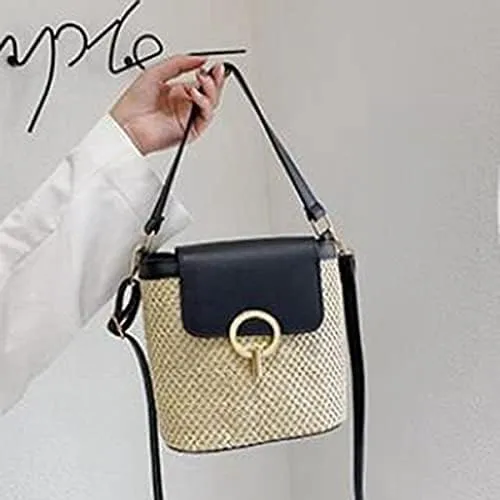 Small Straw Bucket Bags for Women Bags Lady Travel Purses and Handbags Female Shoulder Simple Bag Black