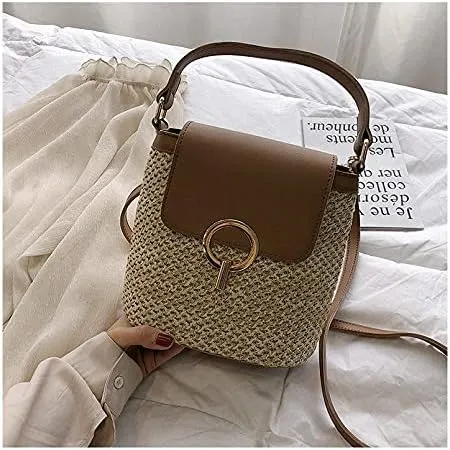 Small Straw Bucket Bags for Women Bags Lady Travel Purses and Handbags Female Shoulder Simple Bag Black