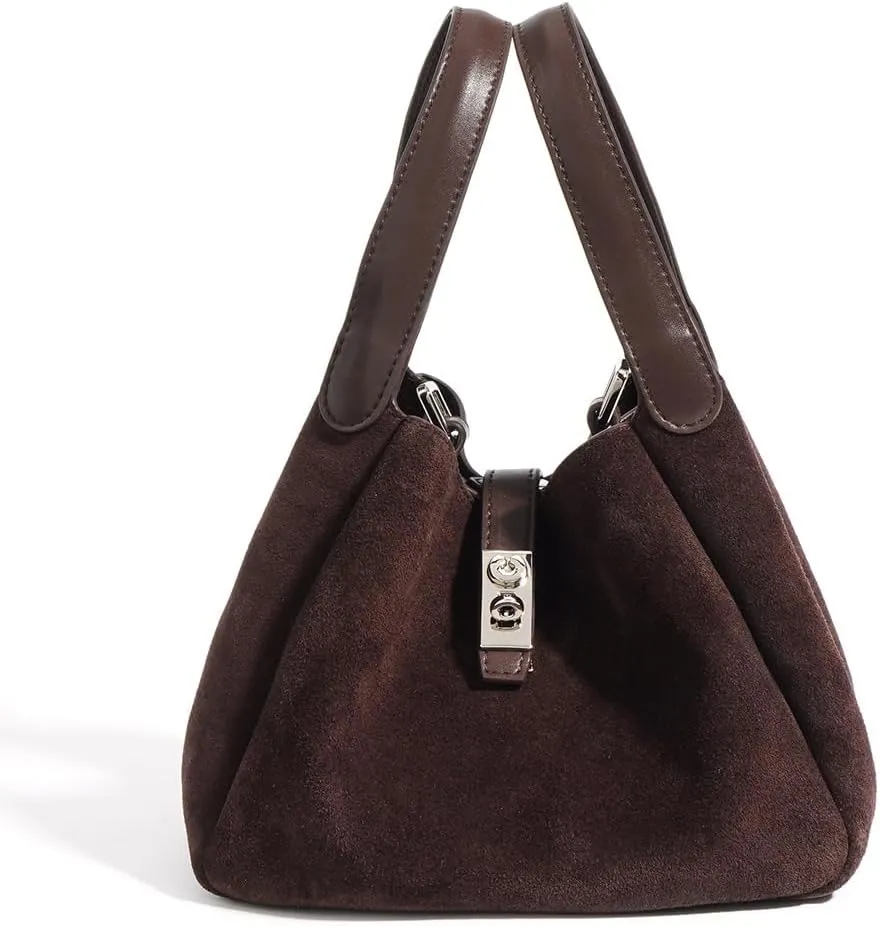 Small Suede Bucket Bags for Women Genuine Leather Suede Shoulder Purse Vintage Top Handle Handbag