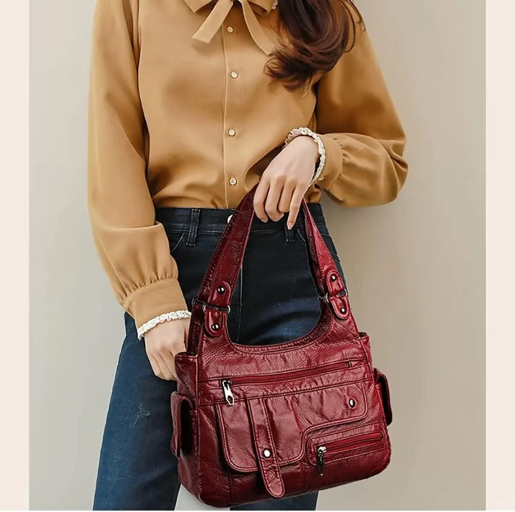 Soft Leather Shoulder Bag for Women Multi-pockets Tote Handbag Vintage Hobo Bag Roomy Top Handle Satchel for Daily Use