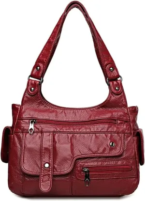 Soft Leather Shoulder Bag for Women Multi-pockets Tote Handbag Vintage Hobo Bag Roomy Top Handle Satchel for Daily Use