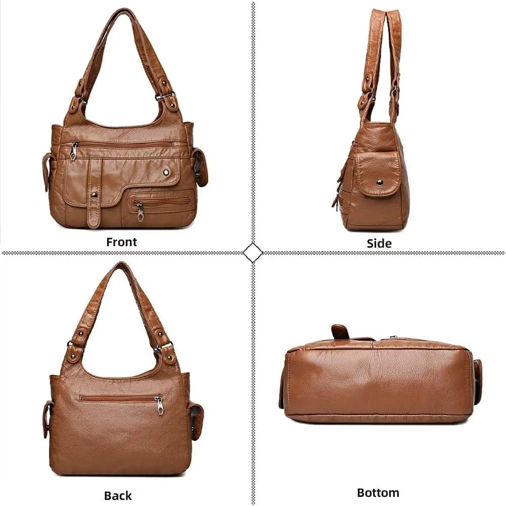 Soft Leather Shoulder Bag for Women Multi-pockets Tote Handbag Vintage Hobo Bag Roomy Top Handle Satchel for Daily Use
