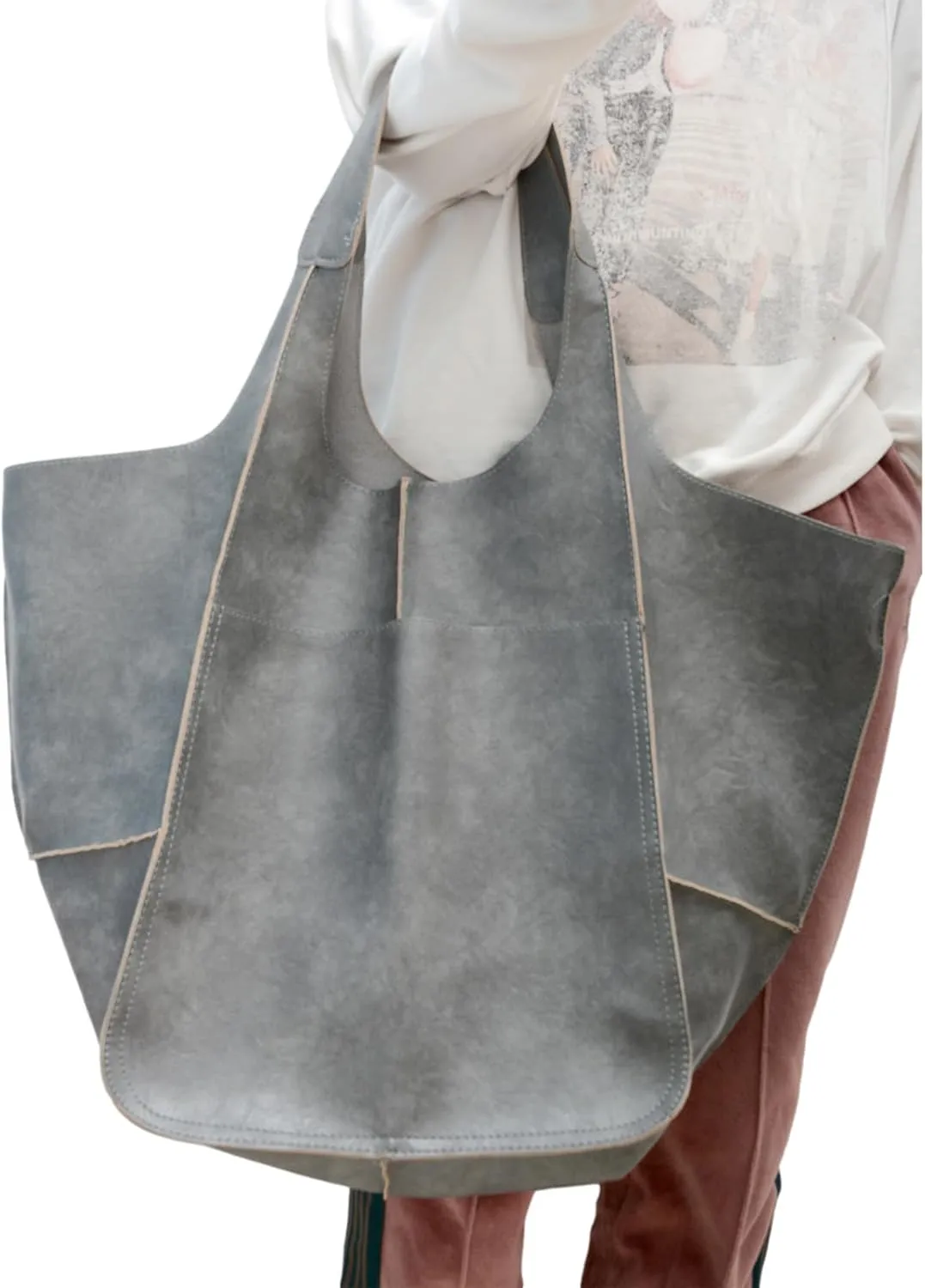 Soft Leather Tote Bag for Women Extra Large Boho Bucket Handbag Oversized Purse Shoulder Bag for Working Traveling
