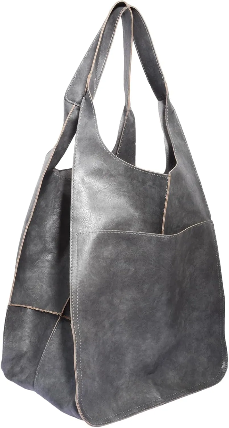 Soft Leather Tote Bag for Women Extra Large Boho Bucket Handbag Oversized Purse Shoulder Bag for Working Traveling