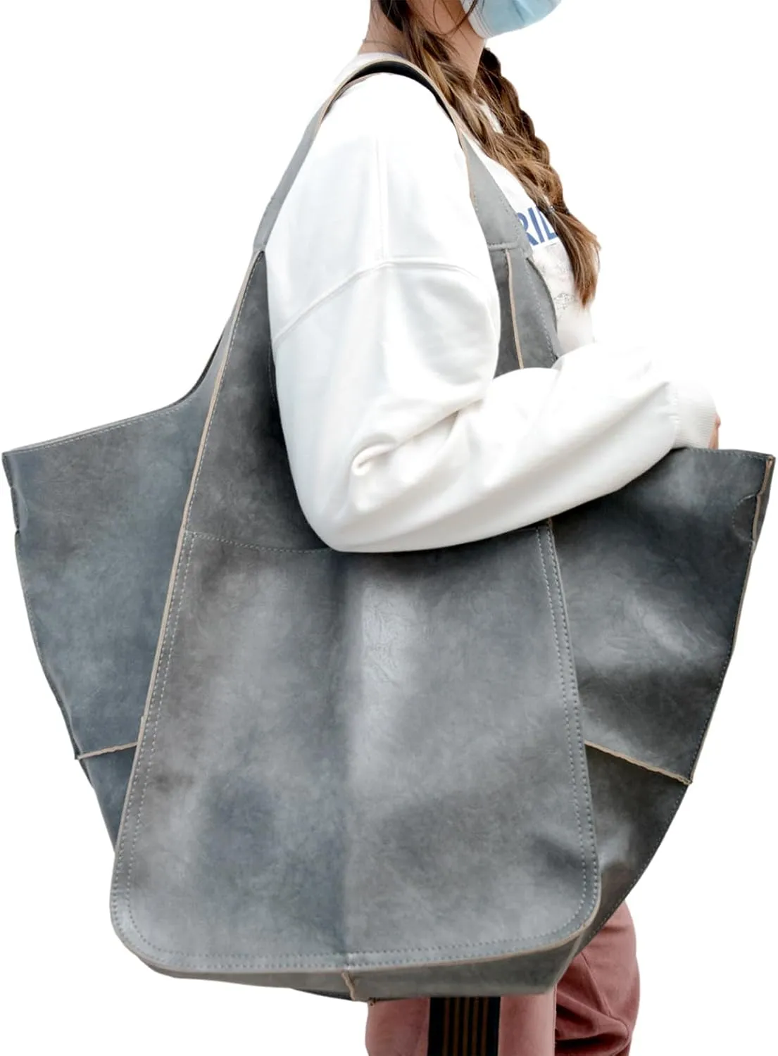 Soft Leather Tote Bag for Women Extra Large Boho Bucket Handbag Oversized Purse Shoulder Bag for Working Traveling