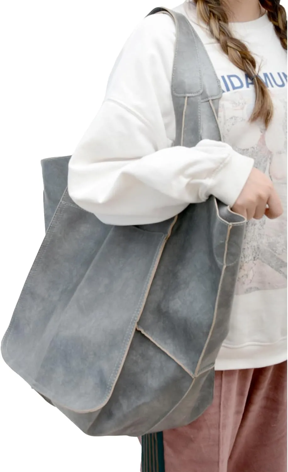 Soft Leather Tote Bag for Women Extra Large Boho Bucket Handbag Oversized Purse Shoulder Bag for Working Traveling
