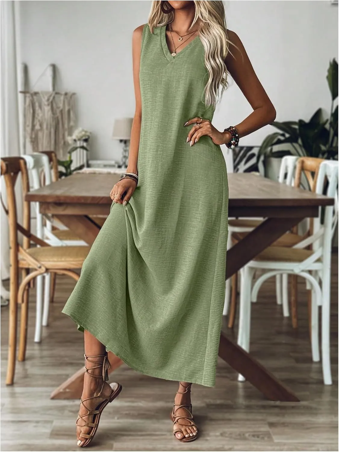 SOLY HUX Women's Summer Dress V Neck Sleeveless Loose Vacation Long Dresses Sundress