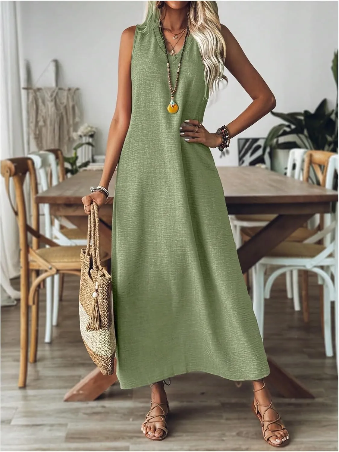 SOLY HUX Women's Summer Dress V Neck Sleeveless Loose Vacation Long Dresses Sundress