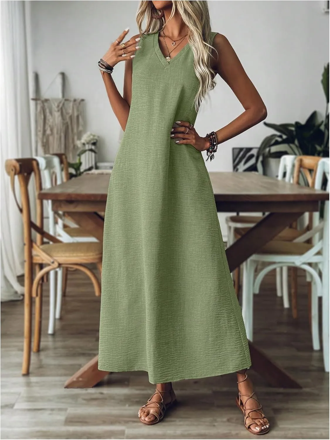 SOLY HUX Women's Summer Dress V Neck Sleeveless Loose Vacation Long Dresses Sundress