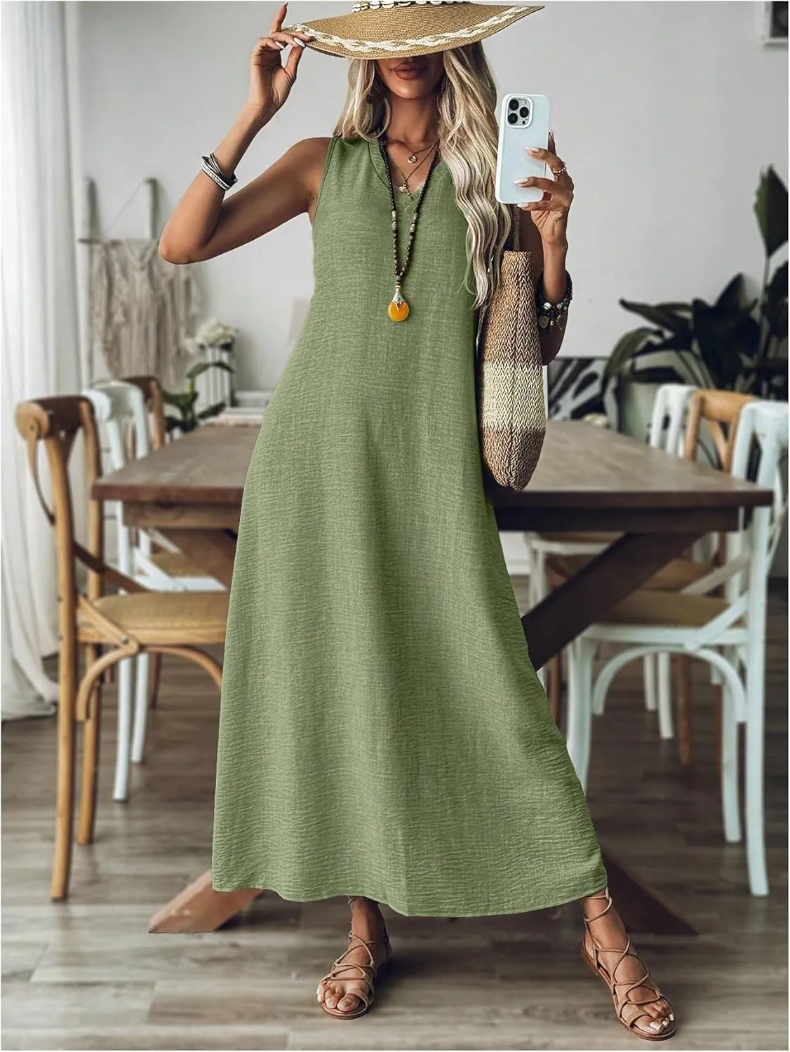 SOLY HUX Women's Summer Dress V Neck Sleeveless Loose Vacation Long Dresses Sundress