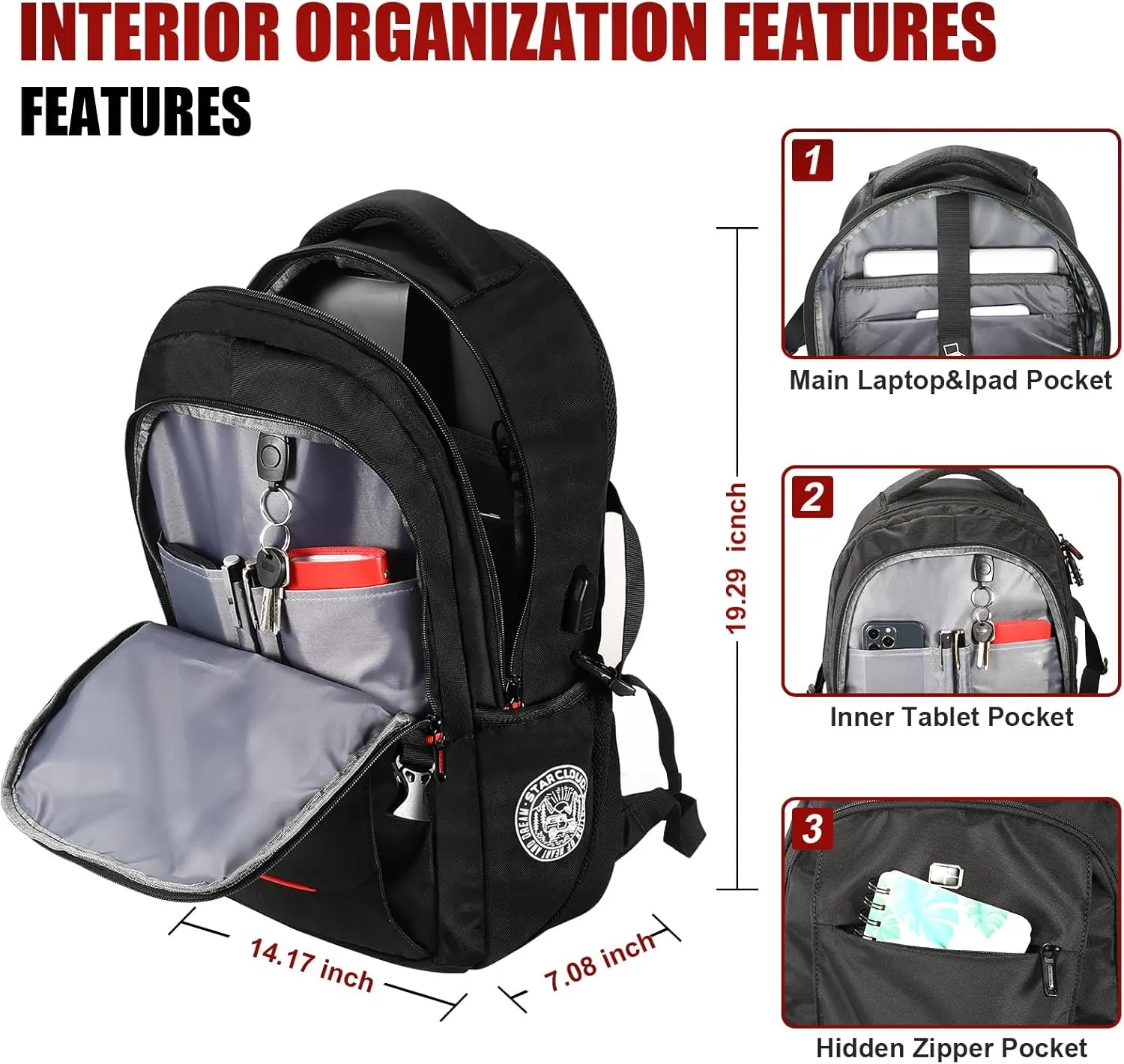 star cloud Travel Laptop Backpack - 15 Inch Business College Backpacks With USB Charging Port - Heavy Duty Water Repellent Anti Theft Computer Backpacks for Men/Women Black