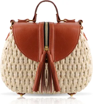 Straw Bag, Beach Bag for Women, Handwoven Oval Hard Box Handbag, Adjustable Leather Shoulder Strap Crossbody Bag, Designer Handbags Suitable for Vacation Travel Work(Beige)