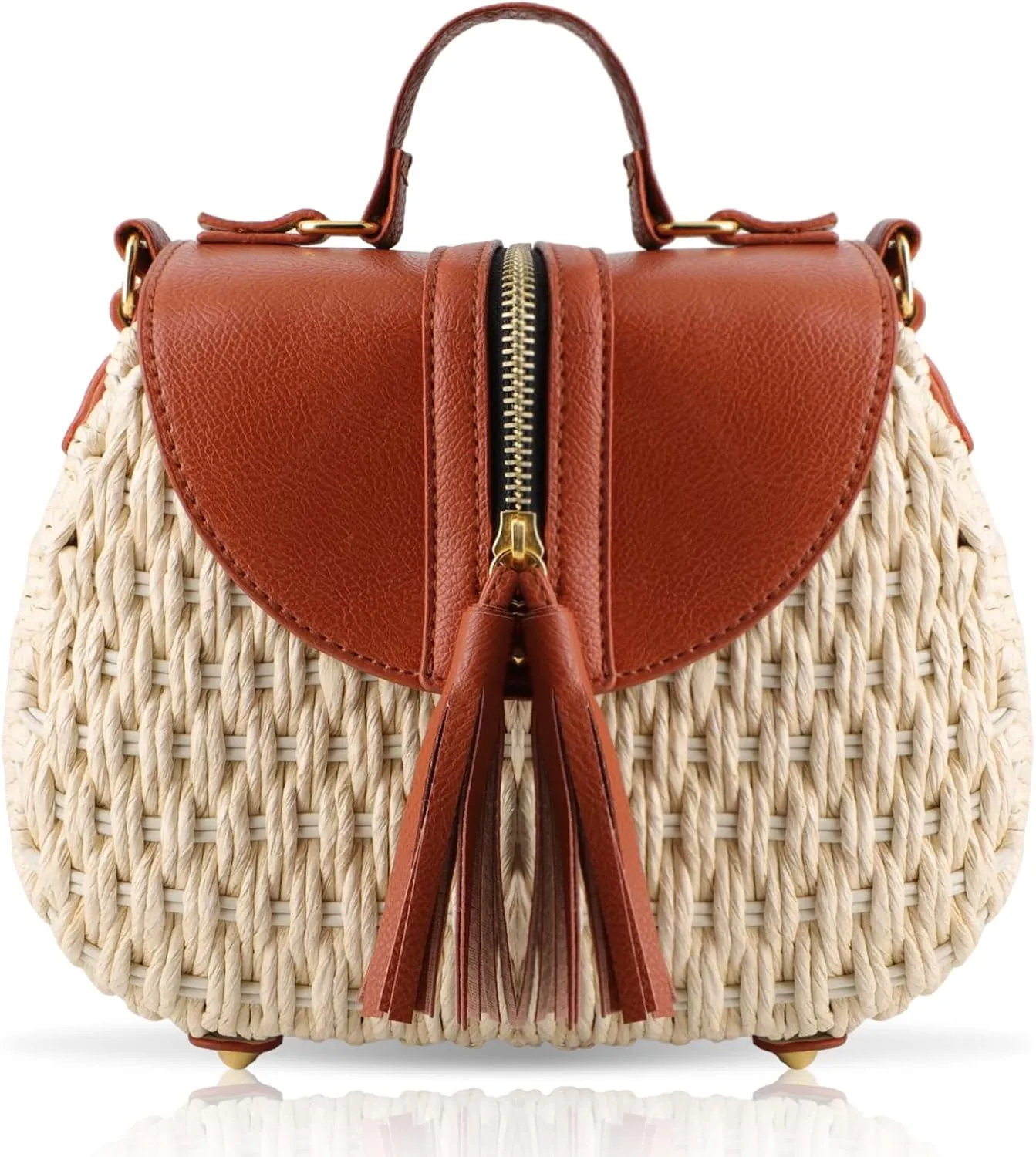 Straw Bag, Beach Bag for Women, Handwoven Oval Hard Box Handbag, Adjustable Leather Shoulder Strap Crossbody Bag, Designer Handbags Suitable for Vacation Travel Work(Beige)