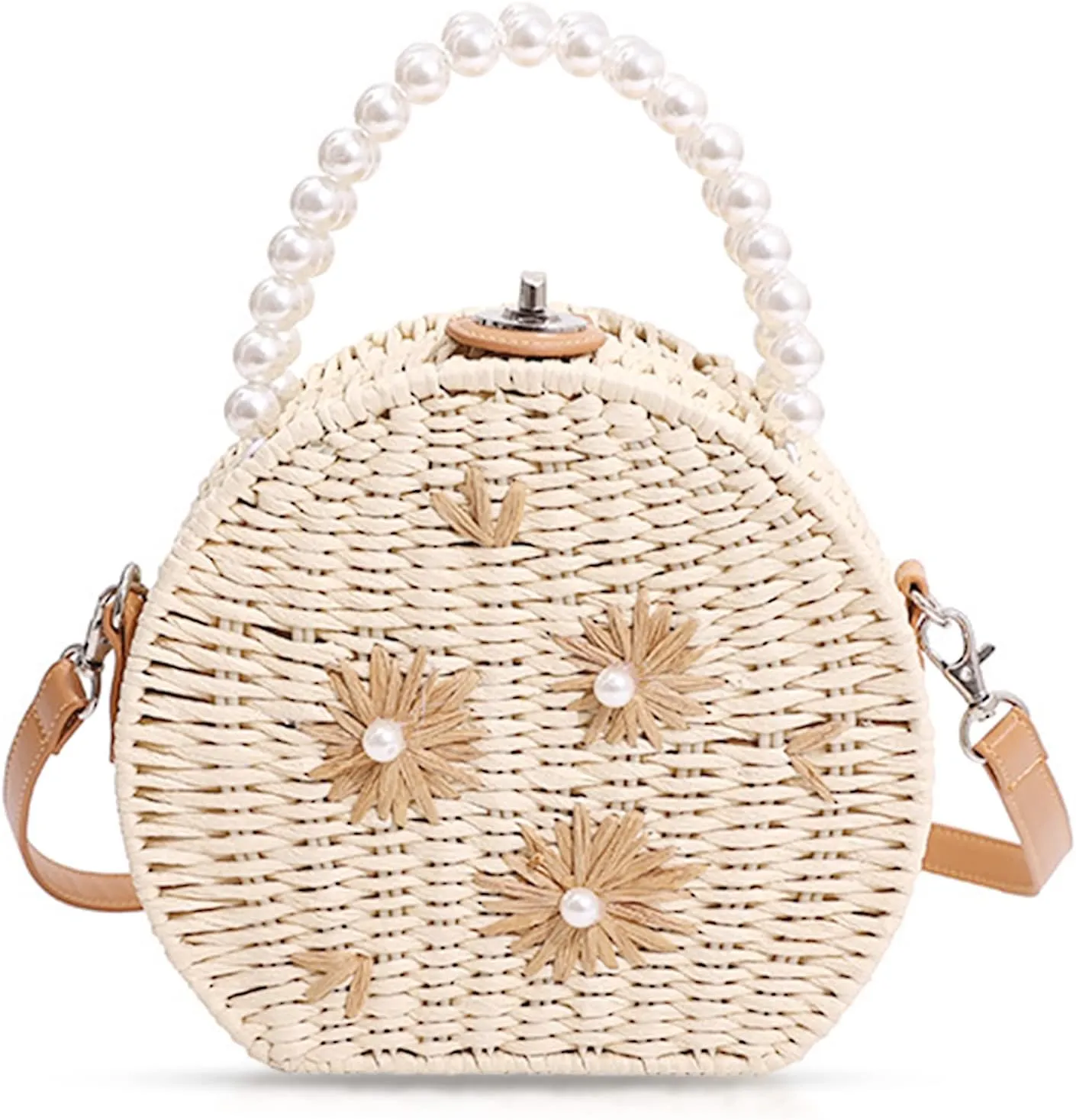 Straw Bag, Crossbody Bags for Women, Pearl Handbag Hard Box Handbags, Bohemian Handmade Woven BagParties, Vacations Beach Bag(Beige)