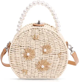 Straw Bag, Crossbody Bags for Women, Pearl Handbag Hard Box Handbags, Bohemian Handmade Woven BagParties, Vacations Beach Bag(Beige)