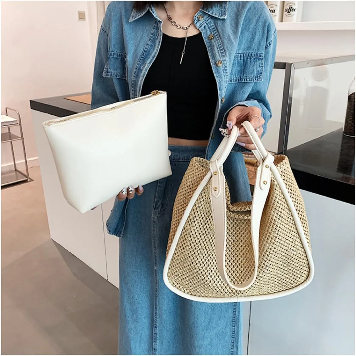 Straw Bag for Women for Wedding, Beach Bag Straw Purses for Women Summer Woven Beach Tote Bag with Straw Clutch