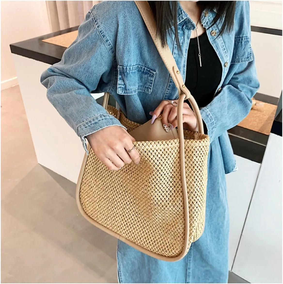 Straw Bag for Women for Wedding, Beach Bag Straw Purses for Women Summer Woven Beach Tote Bag with Straw Clutch