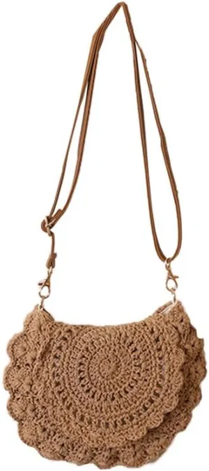 Straw Bags for Women Travel Straw Totes Bag Woven Summer Handmade Shoulder Bag Handbag with Adjustable Strap Brown