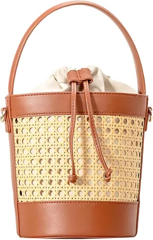 Straw Bucket Bag 7.5x5.9x5.9 Straw Tote Bag Pu Leather Hollow Rattan Bag with Drawstring Beach Vibe Straw Bags for Women with Adjustable Shoulder Strap for Travel Vacation, Straw Tote Bag
