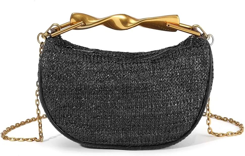 Straw Clutch Bag for Women Mini Summer Satchel Purse Fashion Woven Crossbody Shoulder Handbags with Chain Strap