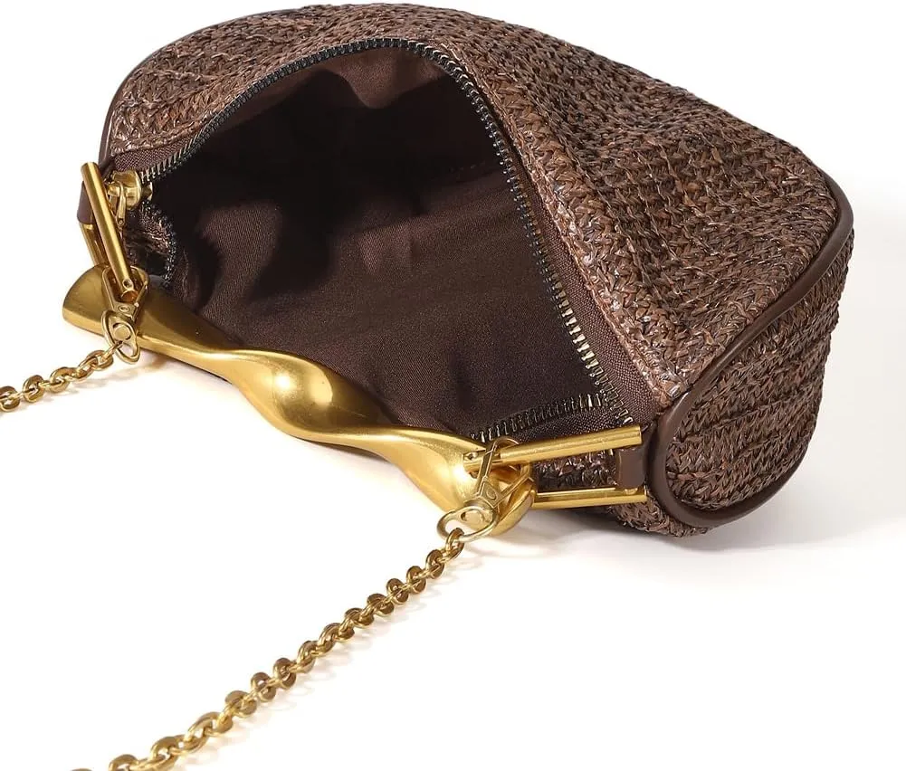 Straw Clutch Bag for Women Mini Summer Satchel Purse Fashion Woven Crossbody Shoulder Handbags with Chain Strap