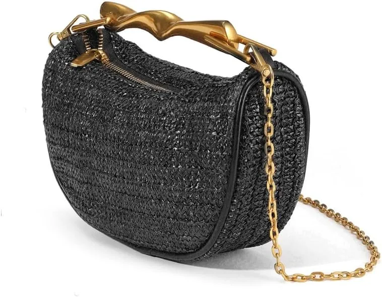 Straw Clutch Bag for Women Mini Summer Satchel Purse Fashion Woven Crossbody Shoulder Handbags with Chain Strap