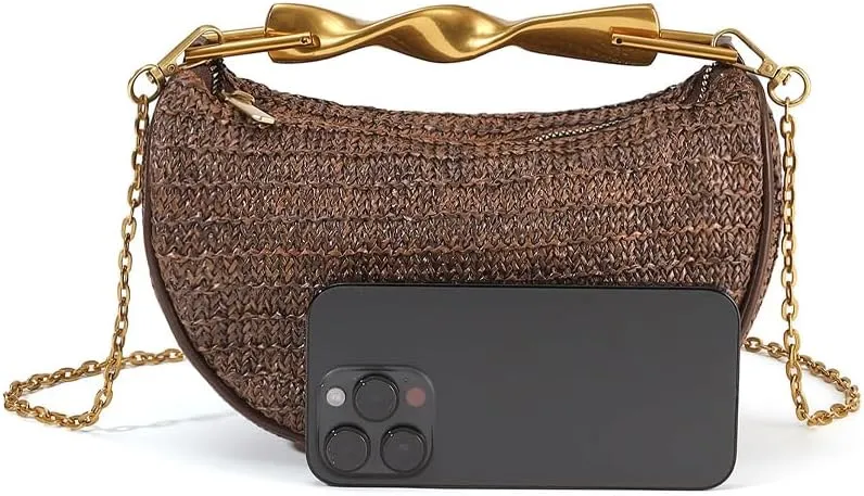 Straw Clutch Bag for Women Mini Summer Satchel Purse Fashion Woven Crossbody Shoulder Handbags with Chain Strap