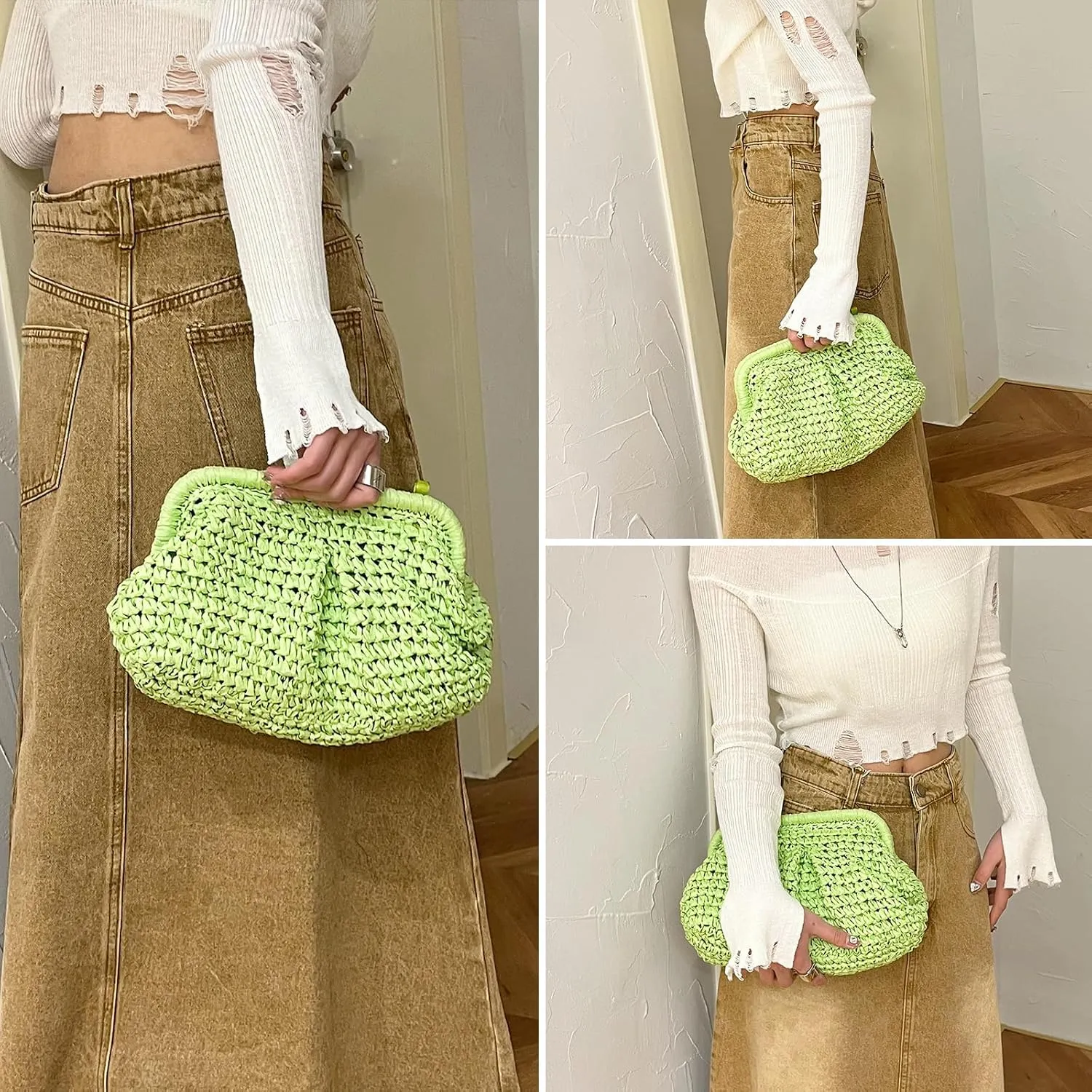 Straw Clutch Purses for Women, Summer Woven Dumpling Bag Straw Crossbody Bags Beach Clutch Handbags