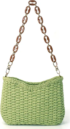 Straw Tote Bag for Women Fashion Shoulder Bag Hobo Bag Casual Satchel Handbag Summer Chain Purse Womens Beach Straw Bag