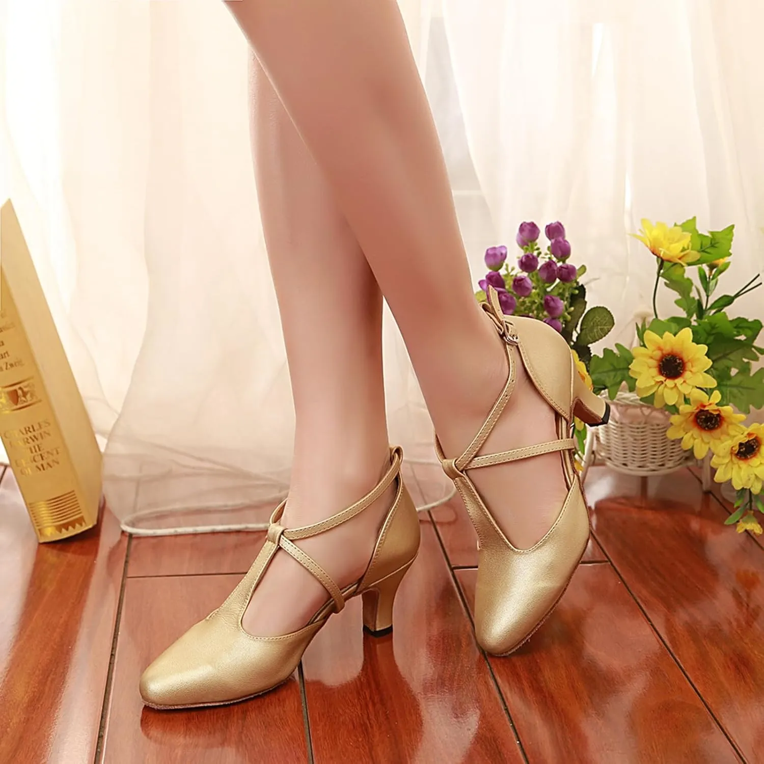 T-Strap Ballroom Dance Shoes for Women's Salsa Latin Tango Wedding Party