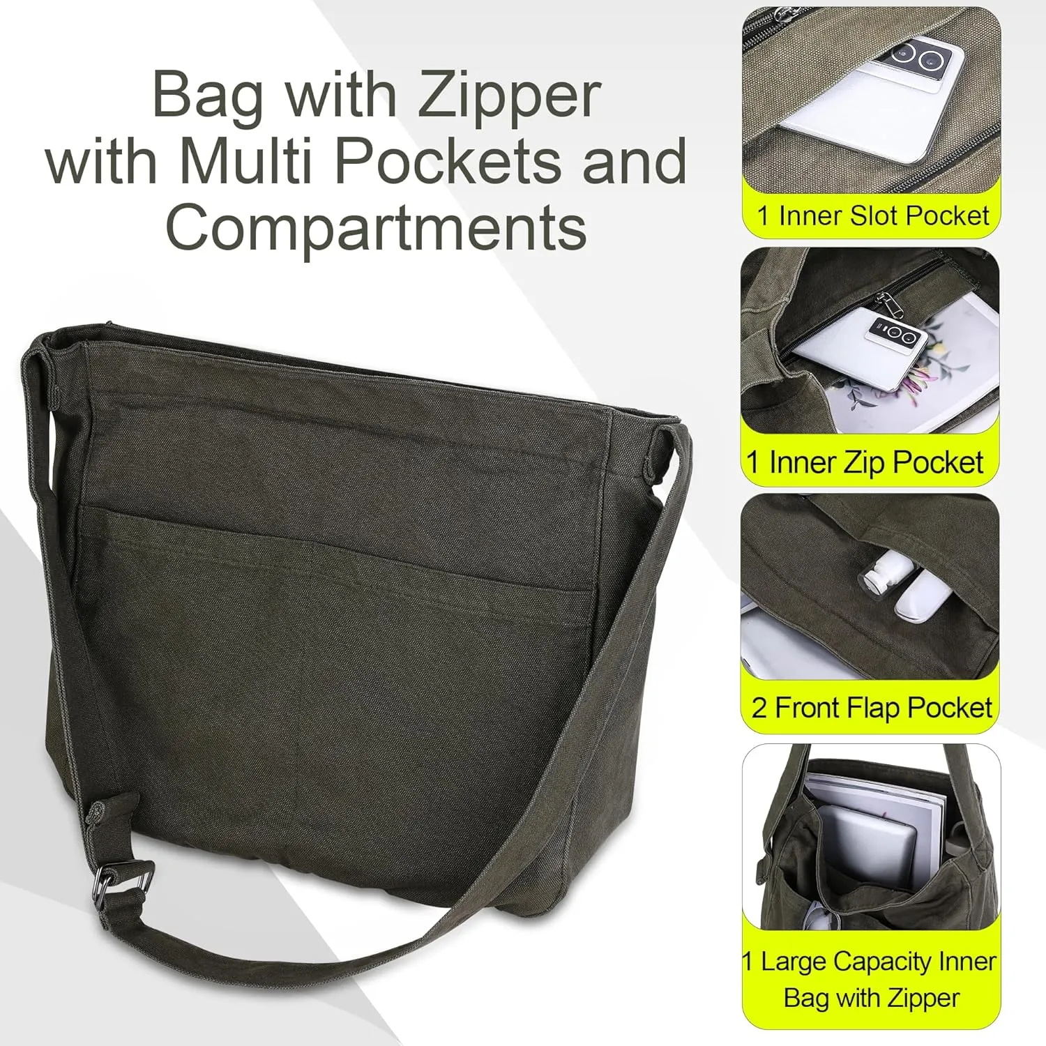 Tote Bag for Women Canvas Crossbody Shoulder Handbag with Multiple Pockets Casual Purse Messenger Bags Travel Work